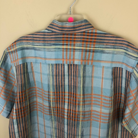 Cubavera Shirt Mens L 100% Linen Blue Orange Plaid Short Sleeve - Picture 4 of 11
